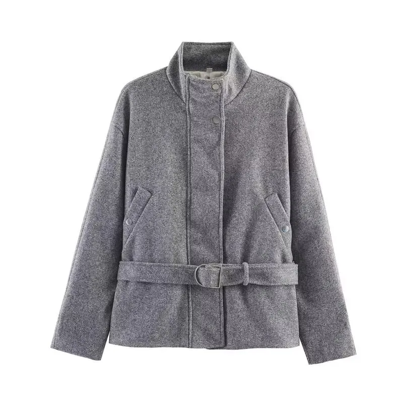 Damen Kurzjacke aus Wollmix mit Taillengürtel, Stehkragen und Pattentaschen Nord Taschen