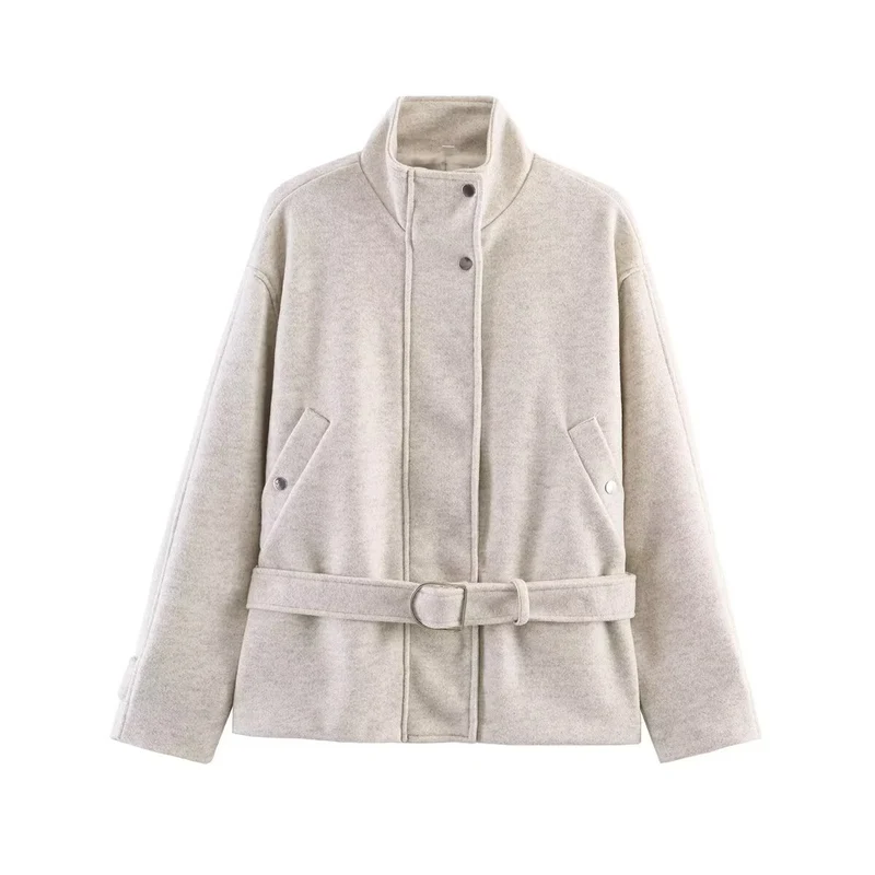 Damen Kurzjacke aus Wollmix mit Taillengürtel, Stehkragen und Pattentaschen Nord Taschen