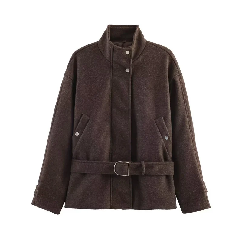 Damen Kurzjacke aus Wollmix mit Taillengürtel, Stehkragen und Pattentaschen Nord Taschen