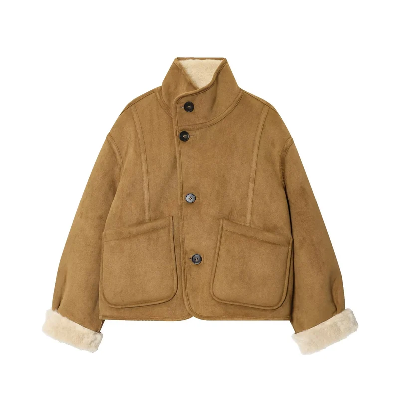 Damen Kurzjacke aus Velourslederimitat mit Teddyfutter und Stehkragen Nord Taschen