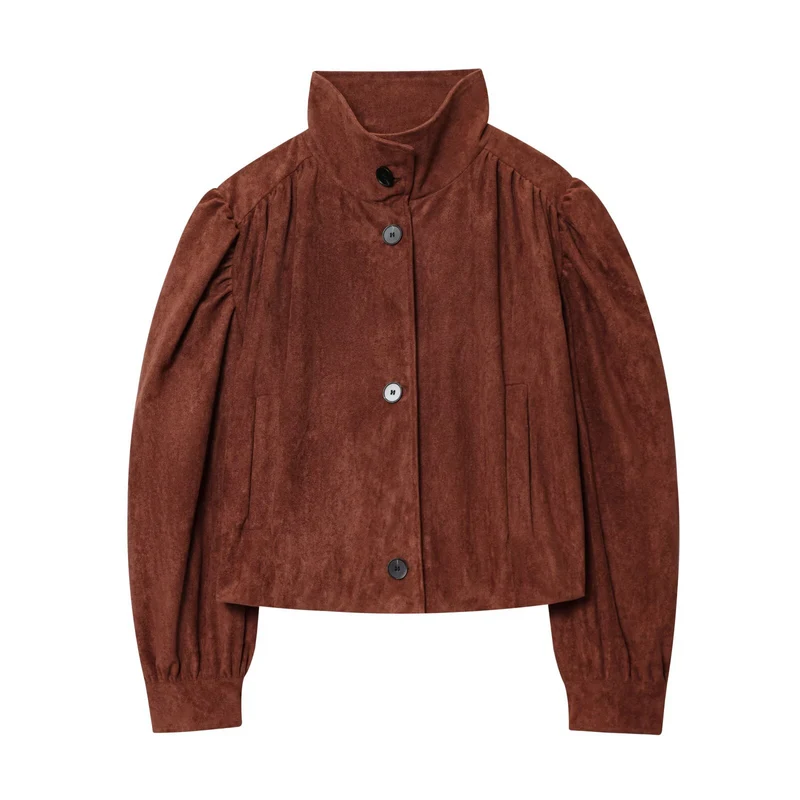 Damen Kurzjacke aus Velourslederimitat mit Stehkragen, gerafften Balloonärmeln und Knopfleiste Nord Taschen