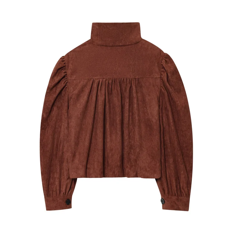 Damen Kurzjacke aus Velourslederimitat mit Stehkragen, gerafften Balloonärmeln und Knopfleiste Nord Taschen