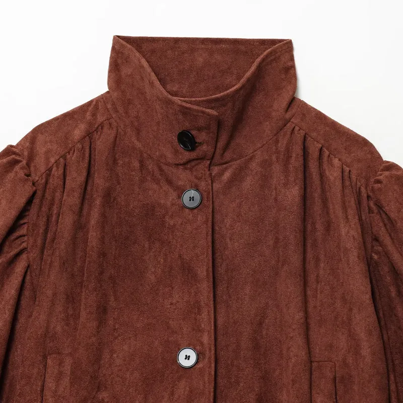 Damen Kurzjacke aus Velourslederimitat mit Stehkragen, gerafften Balloonärmeln und Knopfleiste Nord Taschen