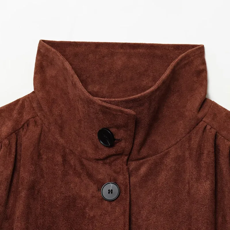 Damen Kurzjacke aus Velourslederimitat mit Stehkragen, gerafften Balloonärmeln und Knopfleiste Nord Taschen