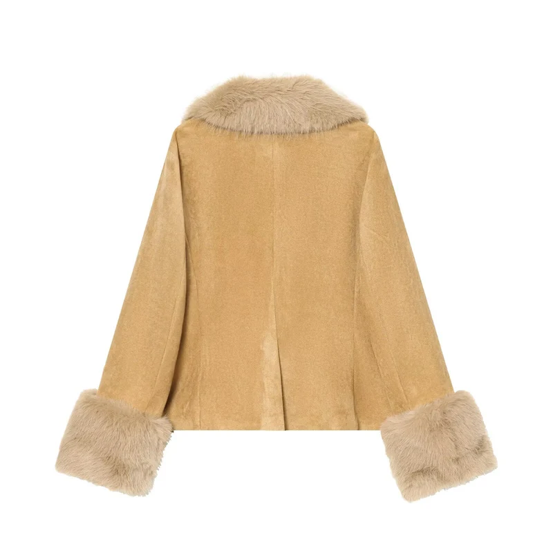 Damen Kurzjacke aus Veloursimitat mit voluminösem Schalkragen und Fellbündchen Nord Taschen