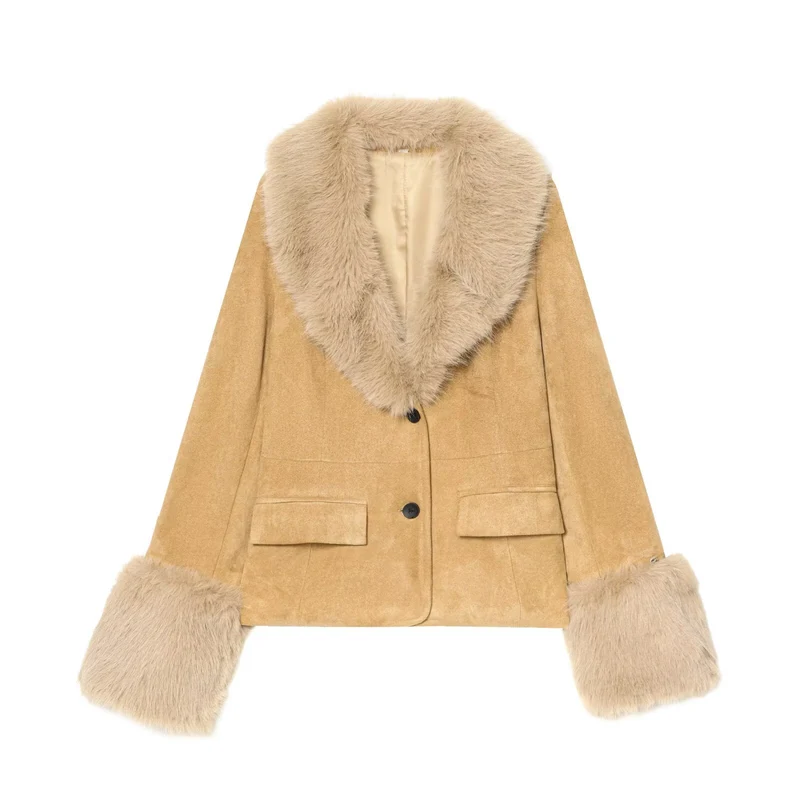 Damen Kurzjacke aus Veloursimitat mit voluminösem Schalkragen und Fellbündchen Nord Taschen