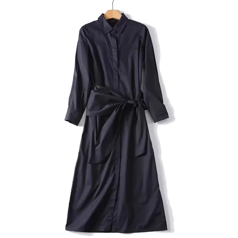 Damen Oversize-Hemdblusenkleid mit seitlichem Knotengürtel und Midilänge Nord Taschen