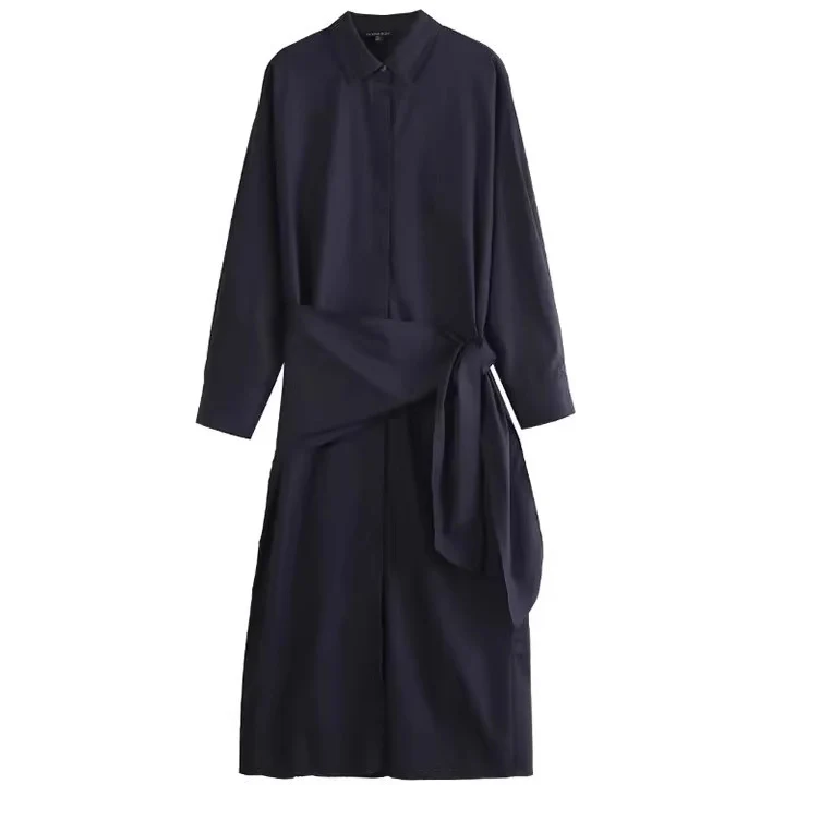 Damen Oversize-Hemdblusenkleid mit seitlichem Knotengürtel und Midilänge Nord Taschen