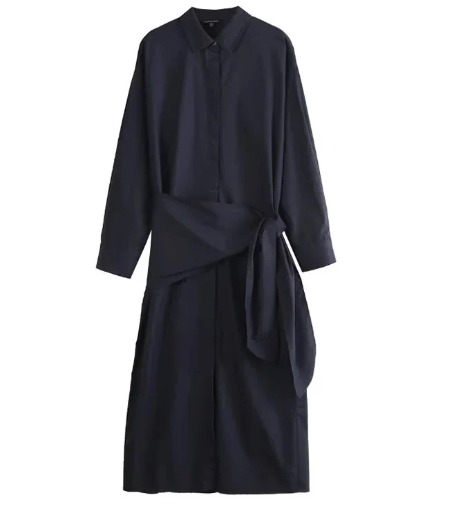 Damen Oversize-Hemdblusenkleid mit seitlichem Knotengürtel und Midilänge Nord Taschen