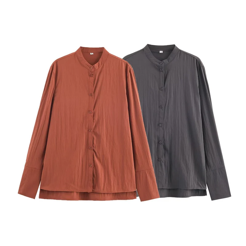 Damen Oversize Hemdbluse mit Mandarinkragen und durchgehender Knopfleiste Nord Taschen