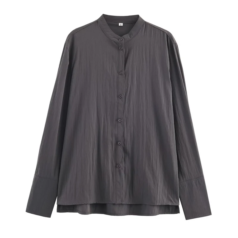 Damen Oversize Hemdbluse mit Mandarinkragen und durchgehender Knopfleiste Nord Taschen