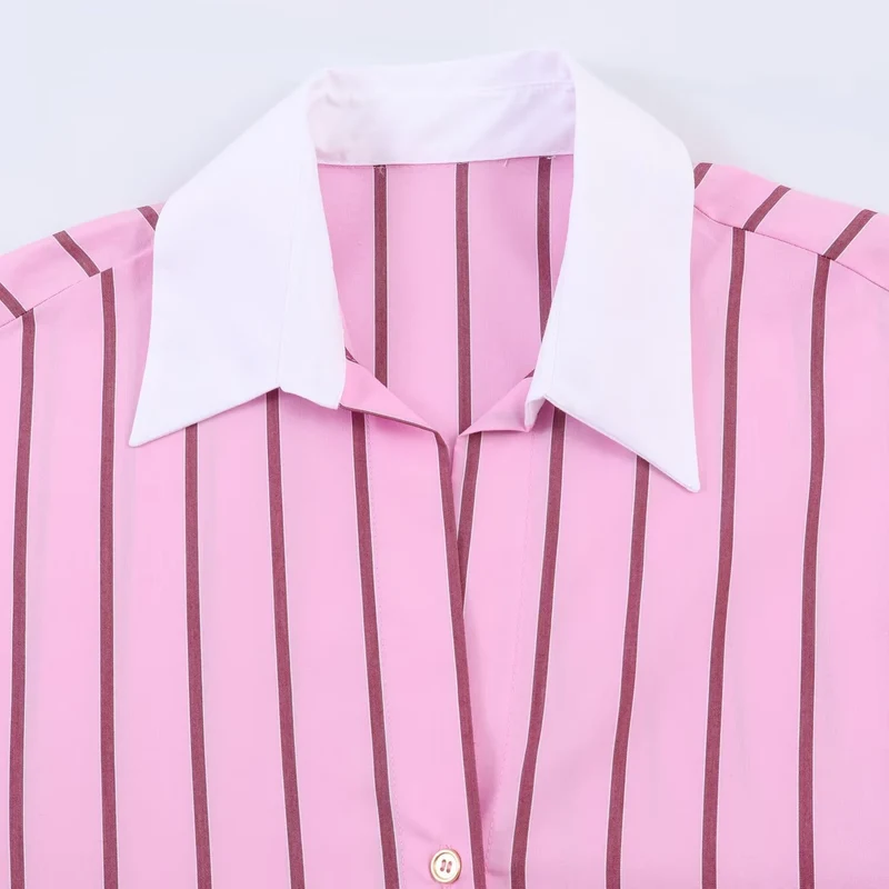 Damen Oversize Hemdbluse in Seidenoptik mit Kontrastkragen und vertikaler Streifenstruktur Nord Taschen