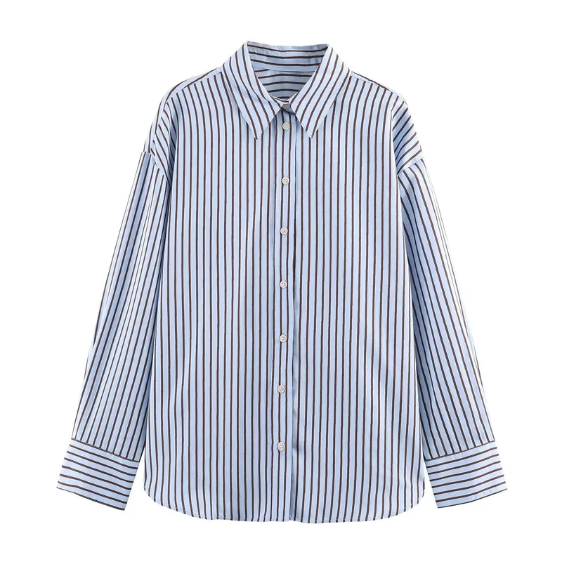 Damen Oversize Gestreifte Hemdbluse mit Kentkragen, durchgehender Knopfleiste und langen Manschetten Nord Taschen