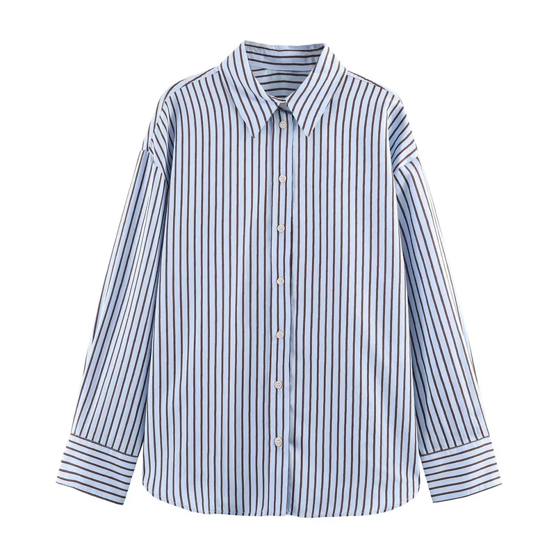 Damen Oversize Gestreifte Hemdbluse mit Kentkragen, durchgehender Knopfleiste und langen Manschetten Nord Taschen