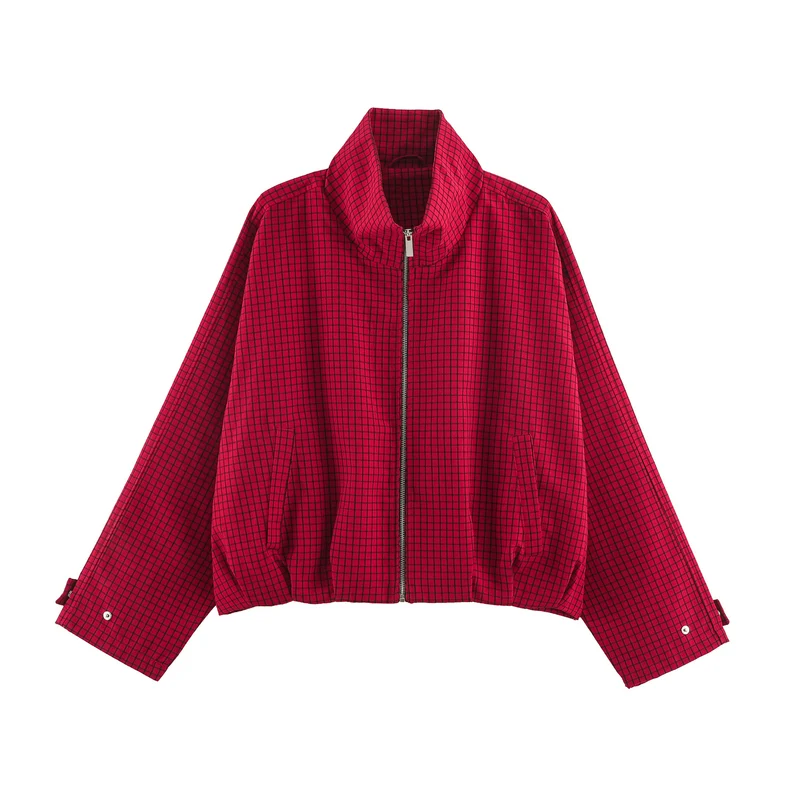 Damen Oversize-Boxy-Bomberjacke mit Stehkragen, Karo-Muster und elastischem Saum Nord Taschen