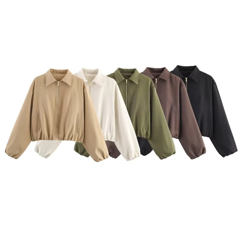 Damen Kurzjacke aus veganem Leder mit Kentkragen, durchgehendem Reißverschluss und gerafftem Saum Nord Taschen
