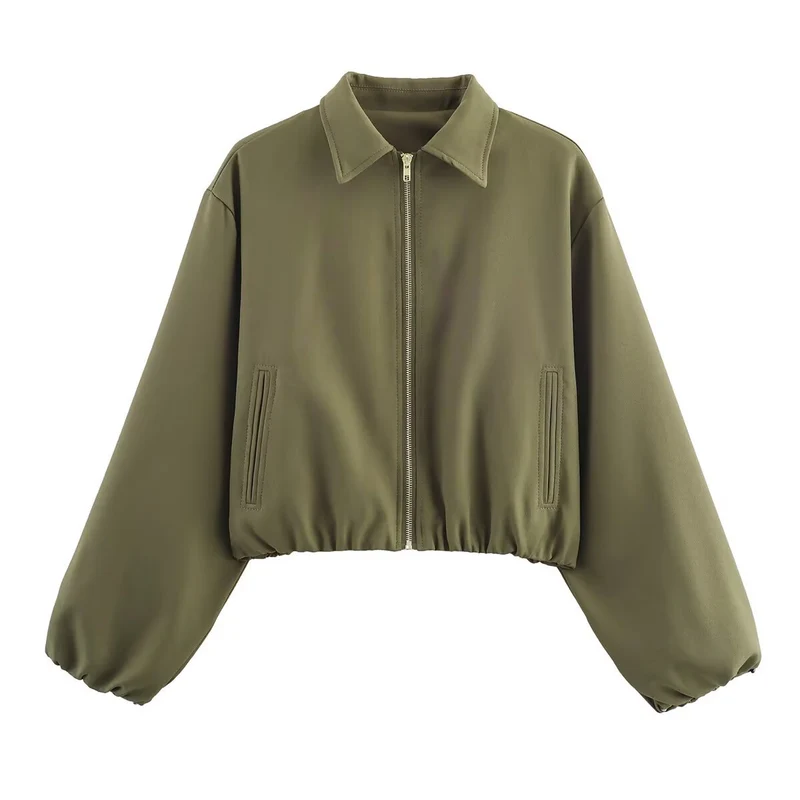 Damen Kurzjacke aus veganem Leder mit Kentkragen, durchgehendem Reißverschluss und gerafftem Saum Nord Taschen