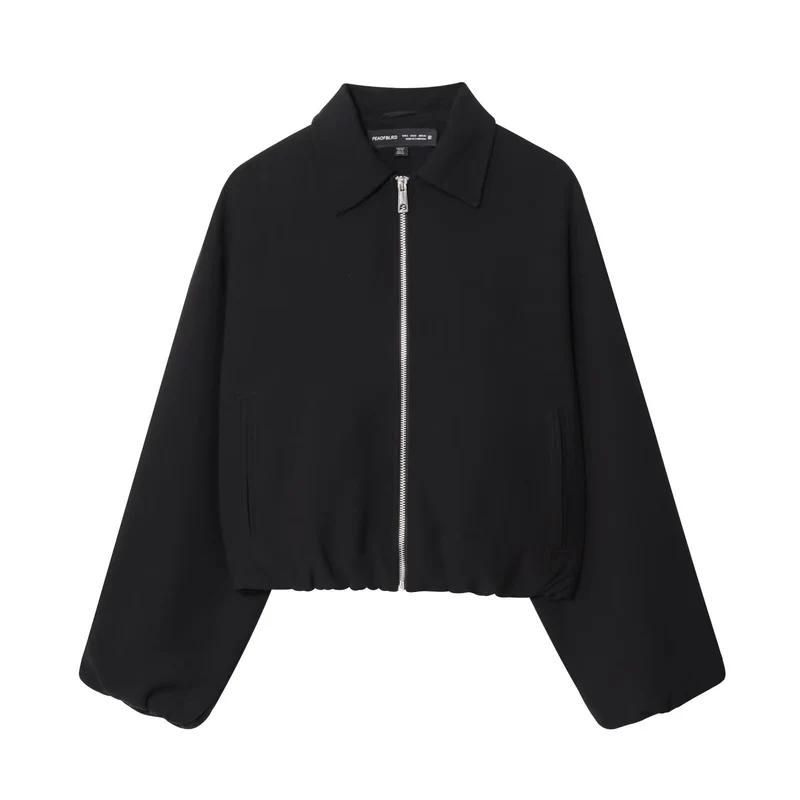 Damen Kurzjacke aus veganem Leder mit Kentkragen, durchgehendem Reißverschluss und gerafftem Saum Nord Taschen
