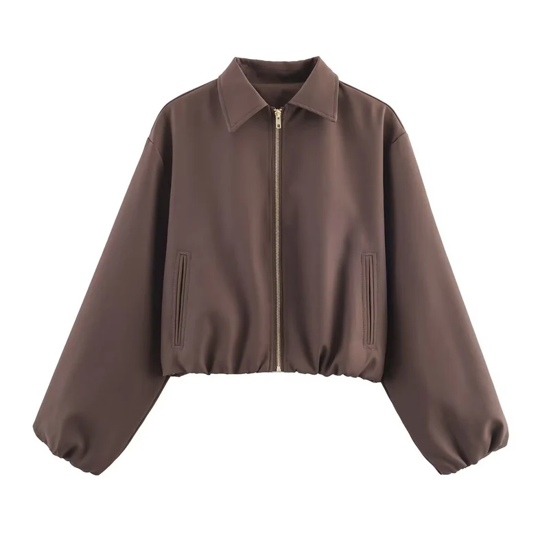 Damen Kurzjacke aus veganem Leder mit Kentkragen, durchgehendem Reißverschluss und gerafftem Saum Nord Taschen