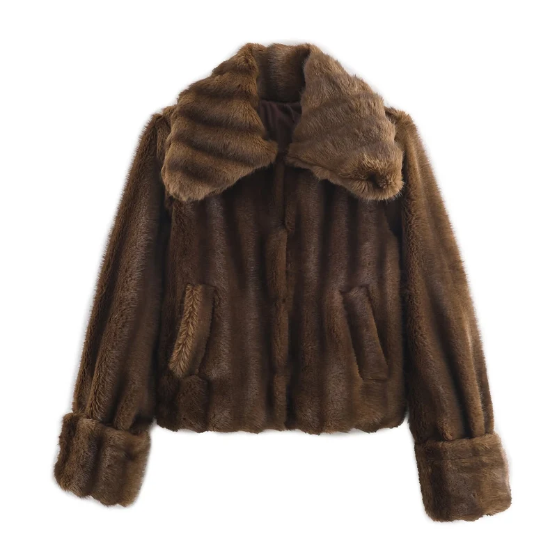 Damen Kurzjacke aus Kunstpelz mit großem Schalkragen und Umschlagärmeln Nord Taschen