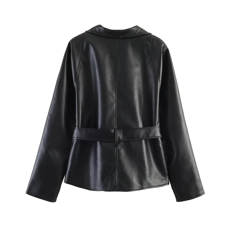 Damen Kurzjacke aus genarbtem Leder mit Schalkragen und Bindegürtel Nord Taschen