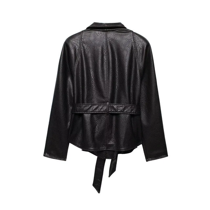 Damen Kurzjacke aus genarbtem Leder mit Schalkragen und Bindegürtel Nord Taschen