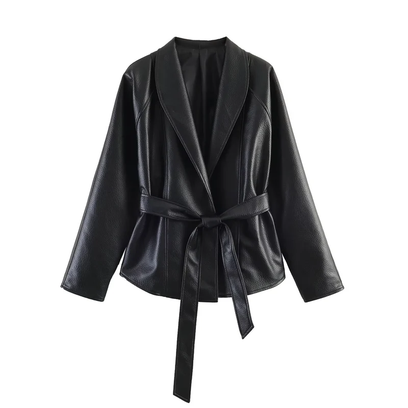 Damen Kurzjacke aus genarbtem Leder mit Schalkragen und Bindegürtel Nord Taschen