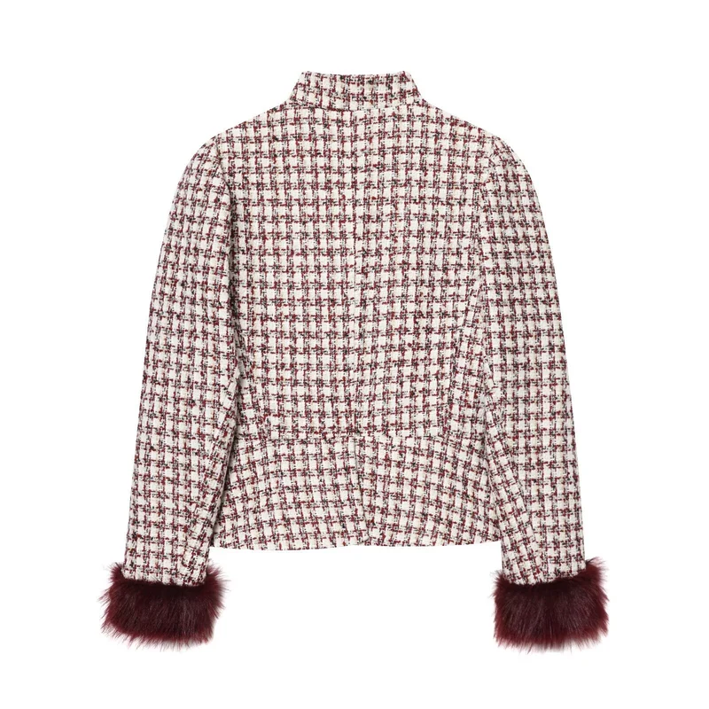 Damen Kurzjacke aus Bouclé-Tweed mit Stehkragen und Kunstfellbündchen Nord Taschen