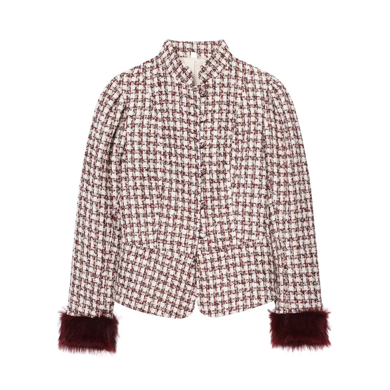 Damen Kurzjacke aus Bouclé-Tweed mit Stehkragen und Kunstfellbündchen Nord Taschen