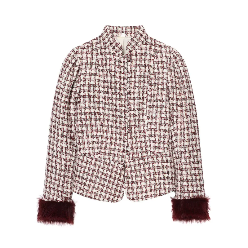 Damen Kurzjacke aus Bouclé-Tweed mit Stehkragen und Kunstfellbündchen Nord Taschen