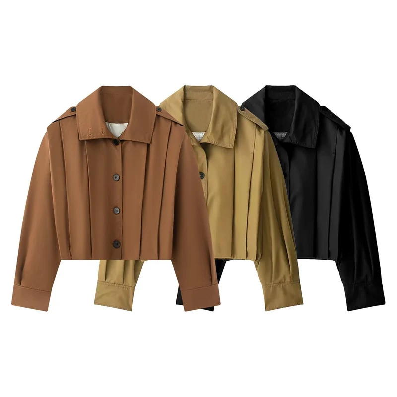 Damen Kurzgeschnittene Trench‑Blousonjacke mit Kellerfalten und Schulterpatten Nord Taschen