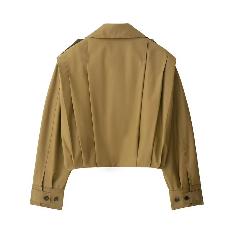 Damen Kurzgeschnittene Trench‑Blousonjacke mit Kellerfalten und Schulterpatten Nord Taschen