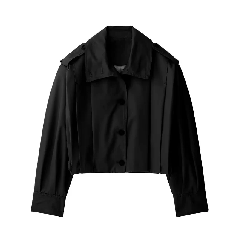 Damen Kurzgeschnittene Trench‑Blousonjacke mit Kellerfalten und Schulterpatten Nord Taschen