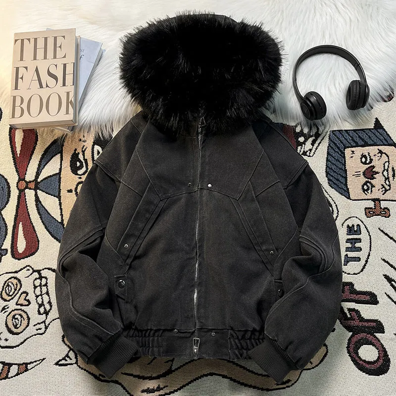 Unisex Wattierte Bomberjacke mit großer Kapuze und Kunstfellbesatz Nord Taschen