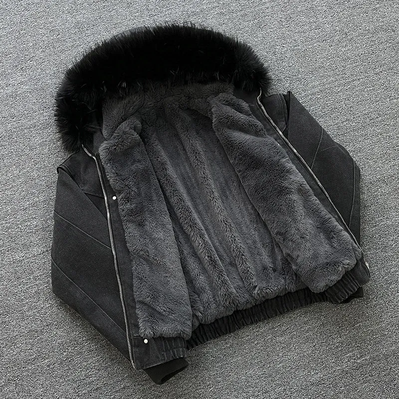 Unisex Wattierte Bomberjacke mit großer Kapuze und Kunstfellbesatz Nord Taschen