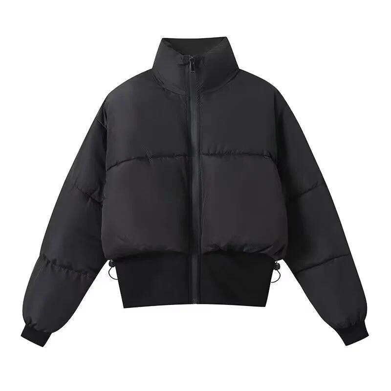 Damen Kurz geschnittene wattierte Pufferjacke im Bomberstil mit hohem Stehkragen und elastischem Bund Nord Taschen