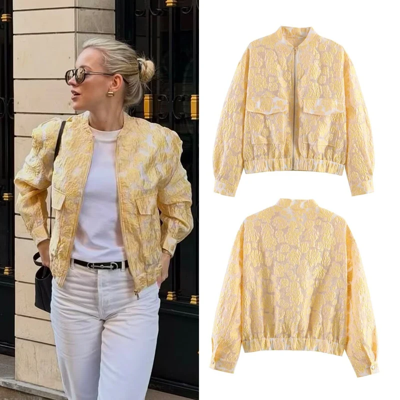 Damen Kurz geschnittene Stepp‑Bomberjacke mit floraler Jacquard‑Textur, elastischem Saum und Pattentaschen Nord Taschen