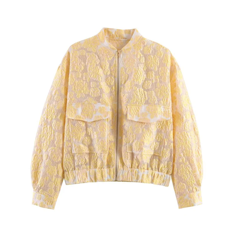 Damen Kurz geschnittene Stepp‑Bomberjacke mit floraler Jacquard‑Textur, elastischem Saum und Pattentaschen Nord Taschen