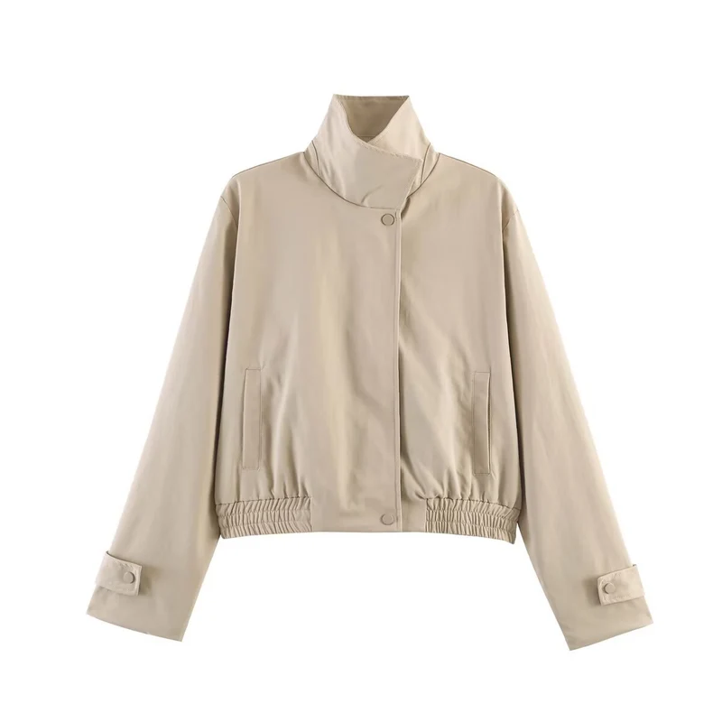 Damen Kurz geschnittene minimalistische Blousonjacke aus weichem Vegan‑Leder mit Umlegekragen und elastischem Saum Nord Taschen