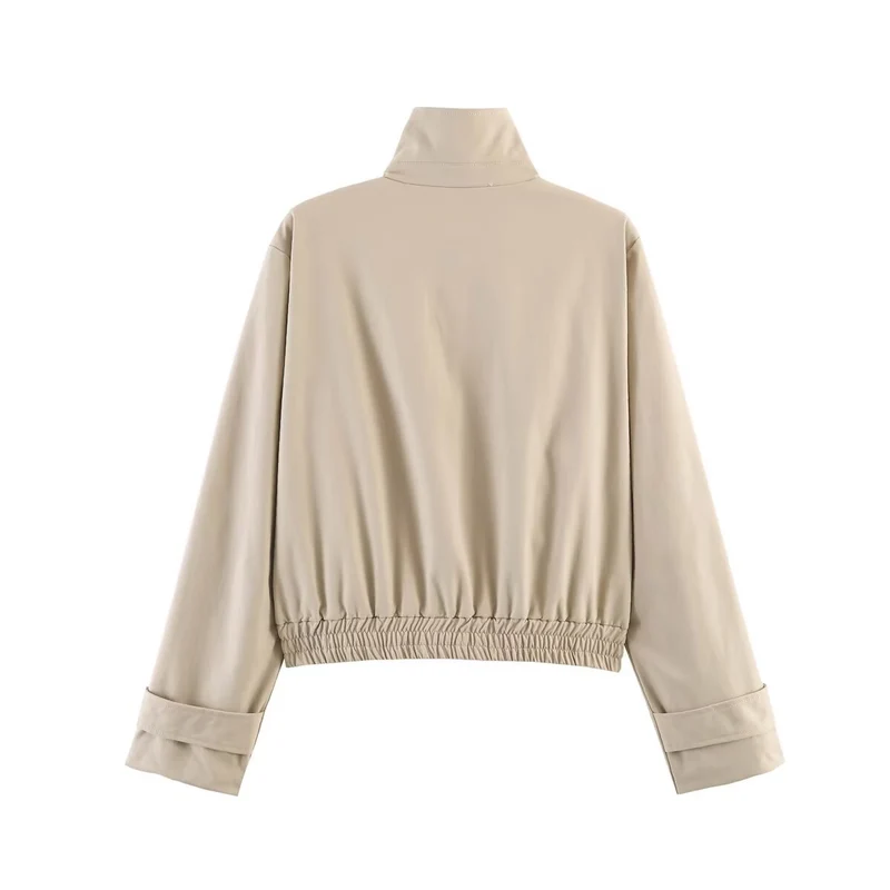 Damen Kurz geschnittene minimalistische Blousonjacke aus weichem Vegan‑Leder mit Umlegekragen und elastischem Saum Nord Taschen
