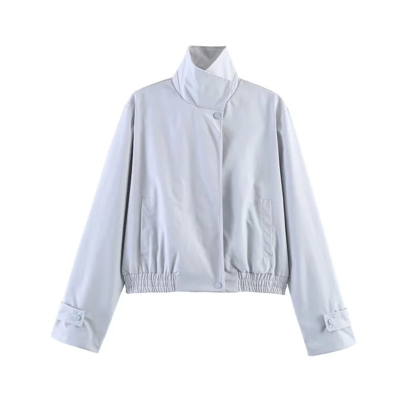 Damen Kurz geschnittene minimalistische Blousonjacke aus weichem Vegan‑Leder mit Umlegekragen und elastischem Saum Nord Taschen