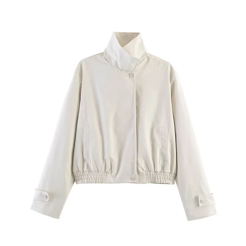 Damen Kurz geschnittene minimalistische Blousonjacke aus weichem Vegan‑Leder mit Umlegekragen und elastischem Saum Nord Taschen
