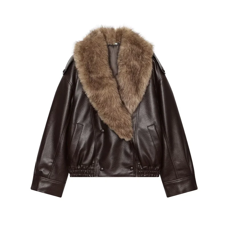 Damen Kurz geschnittene Lederjacke mit vollem Pelzkragen und elastischem Saum Nord Taschen