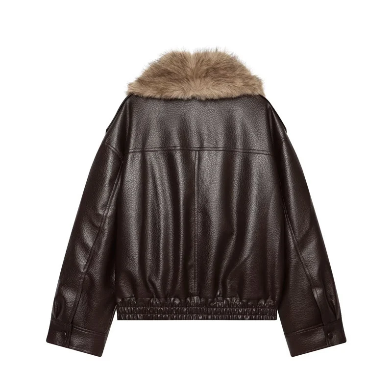 Damen Kurz geschnittene Lederjacke mit vollem Pelzkragen und elastischem Saum Nord Taschen