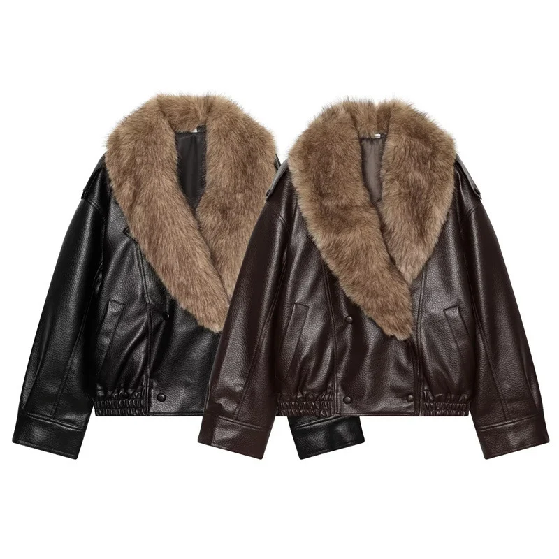 Damen Kurz geschnittene Lederjacke mit vollem Pelzkragen und elastischem Saum Nord Taschen