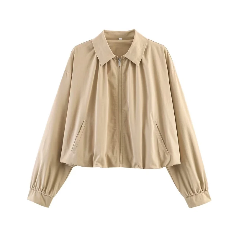 Damen Cropped-Blouson mit Hemdkragen, Frontreißverschluss und gerafften Ärmelbündchen Nord Taschen