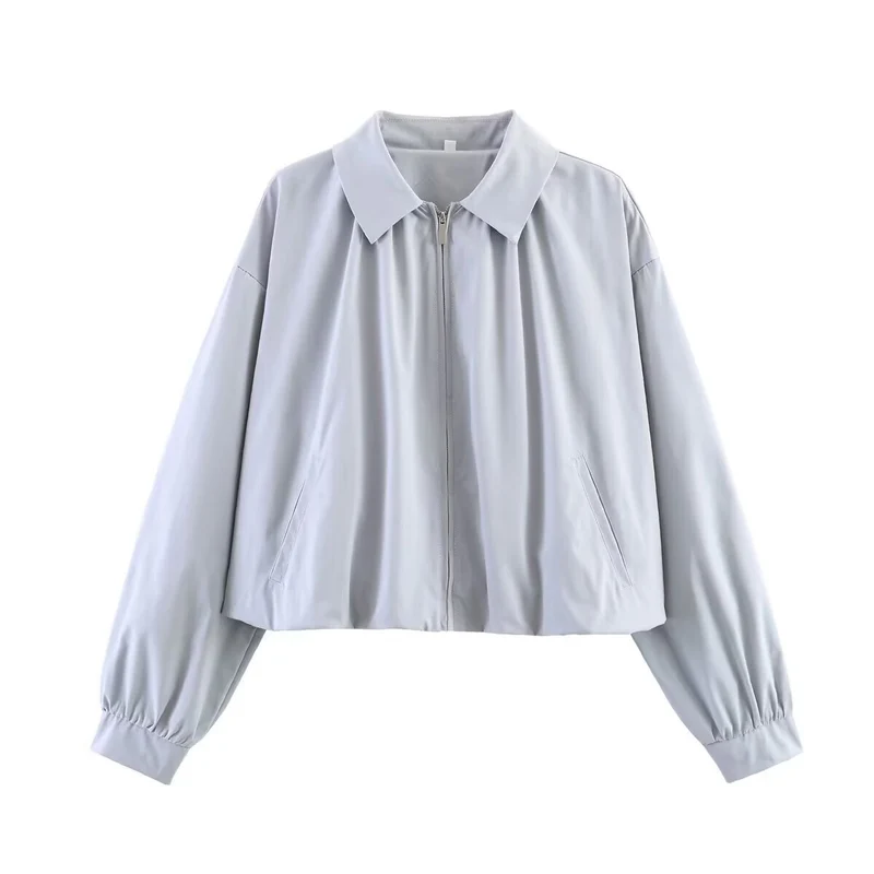 Damen Cropped-Blouson mit Hemdkragen, Frontreißverschluss und gerafften Ärmelbündchen Nord Taschen