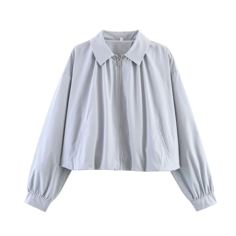 Damen Cropped-Blouson mit Hemdkragen, Frontreißverschluss und gerafften Ärmelbündchen Nord Taschen