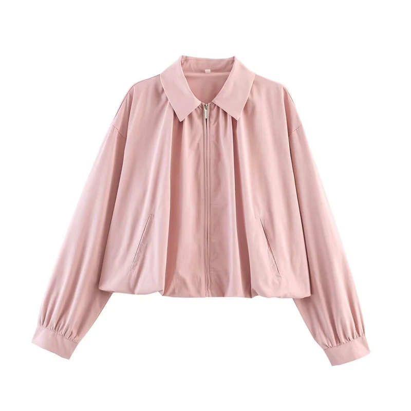Damen Cropped-Blouson mit Hemdkragen, Frontreißverschluss und gerafften Ärmelbündchen Nord Taschen