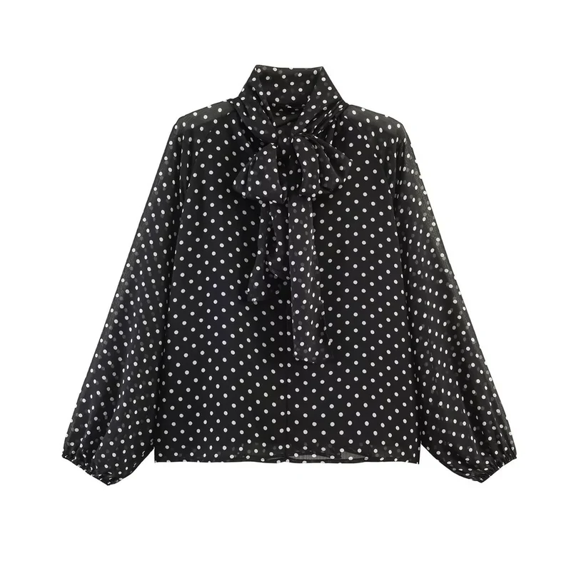 Damen Chiffon-Bluse mit Schleifenkragen und Balloon-Ärmeln Nord Taschen